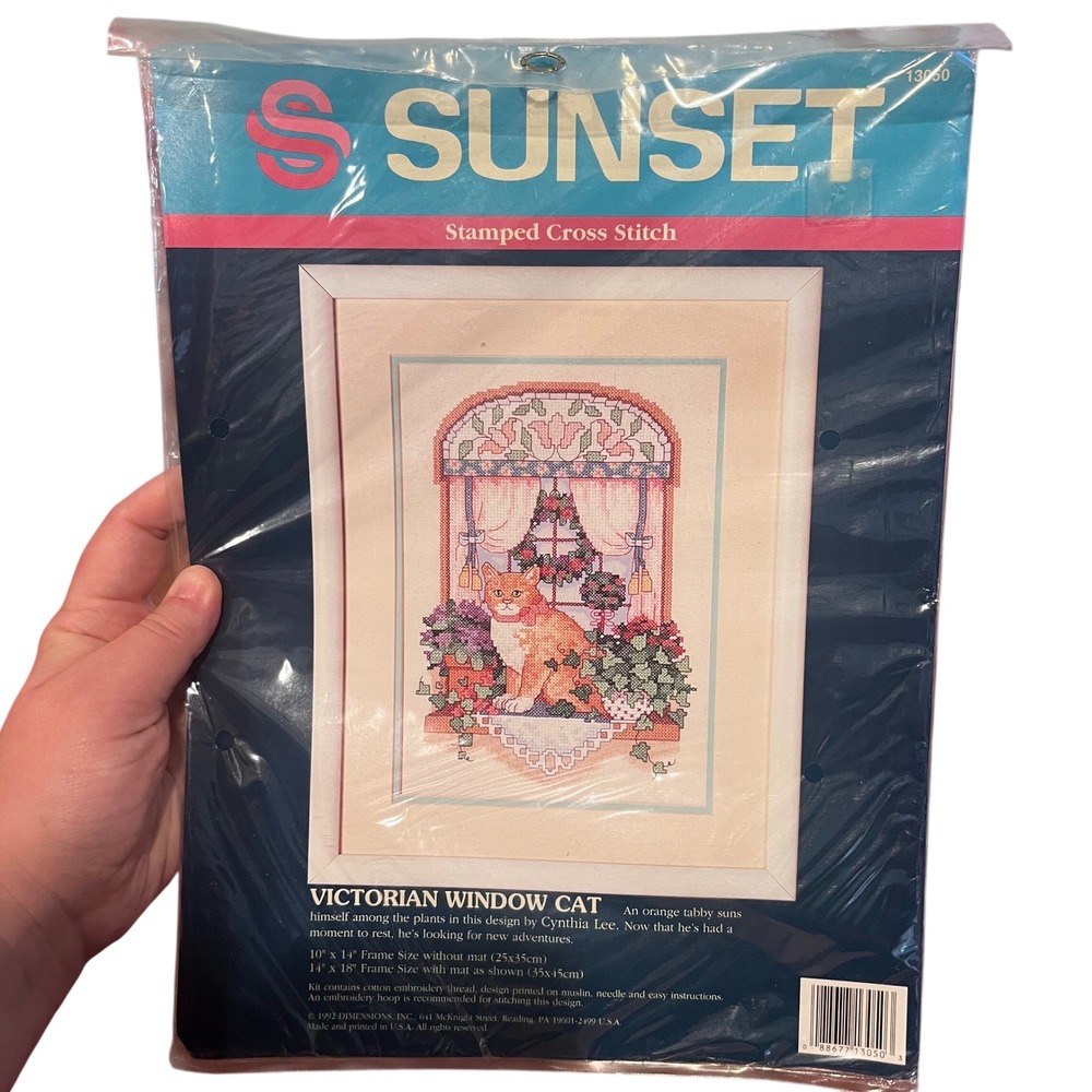 Vintage 1992 Sunset Stamped Cross Stitch Kit Victorian Window Cat 13050 Cat DIY